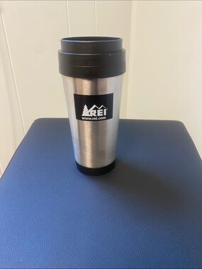 REI Silver Stainless Steel Travel Tumbler with Black Lid